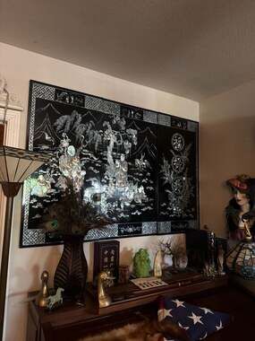 Vintage Large 4-Panel Black Lacquer Mother of Pearl Inlay Wall Art Mural